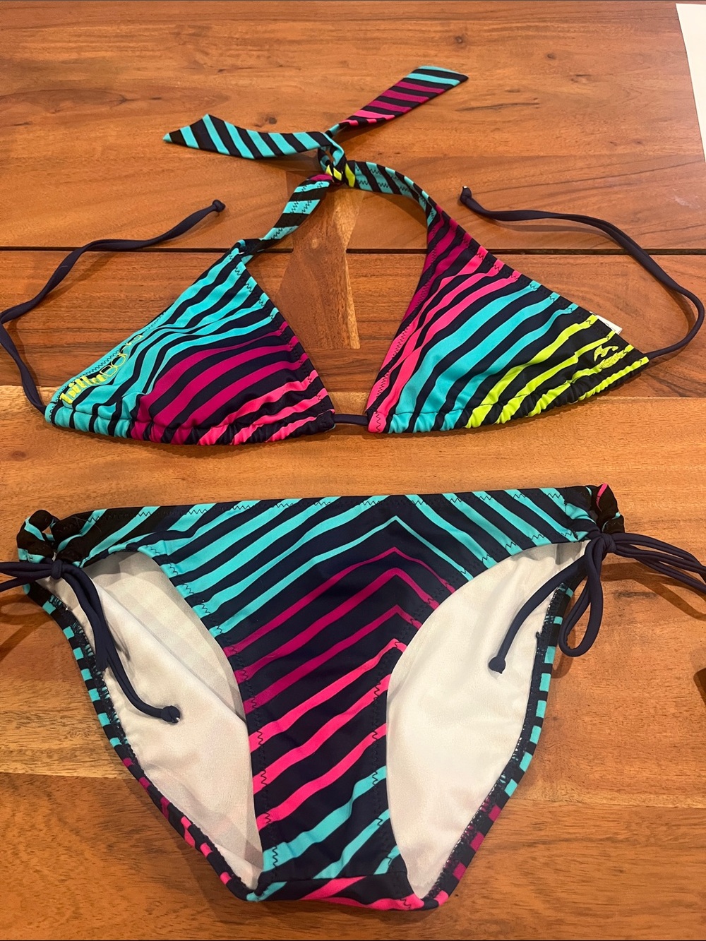 Billa Bong Striped Neon Triangle Bikini Set swimsuit beach wear top bottom M
